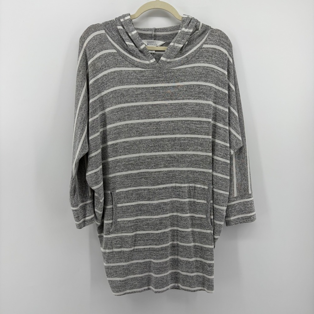 Market & Spruce Gray White Stripe Dolman Sleeve Hoodie Tunic Top Size L